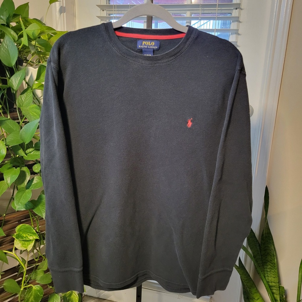 Polo Ralph Lauren Mens XL Black Waffle Knit Thermal Long Sleeve Shirt Red Pony
